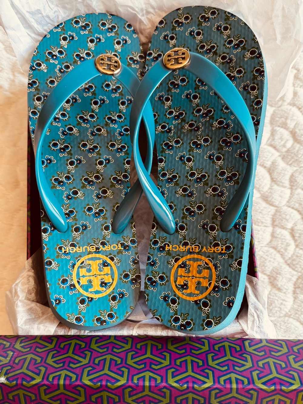 Tory Burch Turquoise Blue Floral Logo Flip Flops with Gold Medallions - Picture 4 of 5